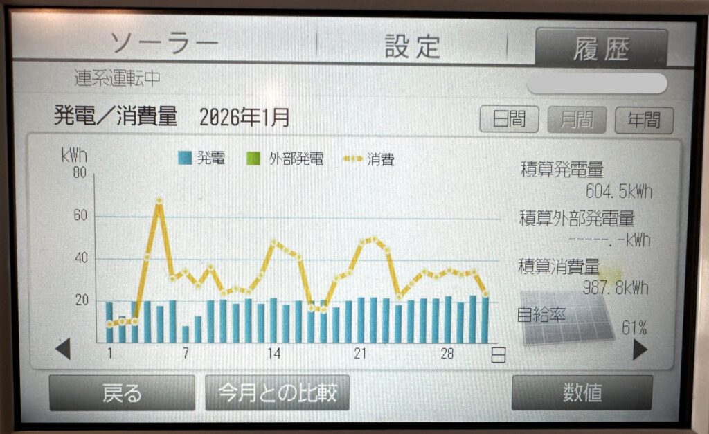 2026年1月 テスラと太陽光発電のエネルギー収支グラフ